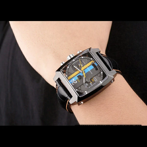 Tag Heuer Monaco Black Leather Strap Blue Yellow Striped Black Dial new58075