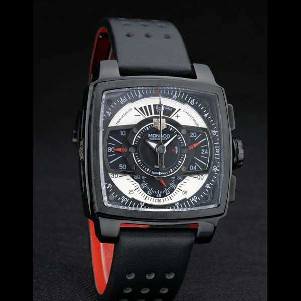 Tag Heuer Monaco Black Red Perforated Leather Strap Black Dial new59254