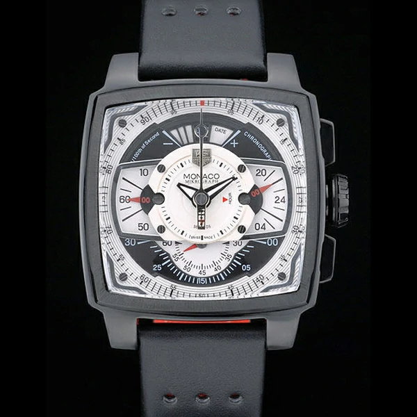 Tag Heuer Monaco Black Red Perforated Leather Strap White Dial new59252