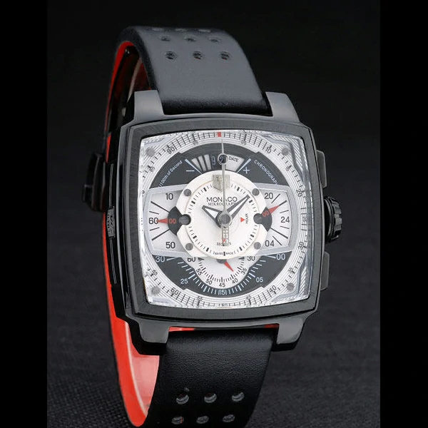 Tag Heuer Monaco Black Red Perforated Leather Strap White Dial new59252