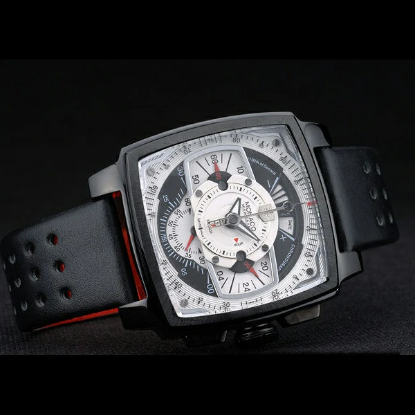 Tag Heuer Monaco Black Red Perforated Leather Strap White Dial new59252