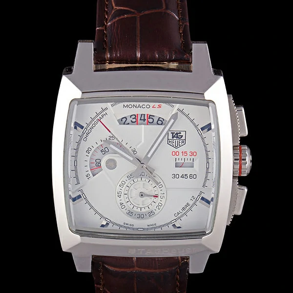 Tag Heuer Monaco Brushed Stainless Steel Case White Dial Brown Leather Strap new58247