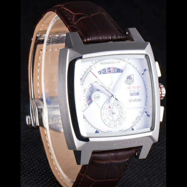 Tag Heuer Monaco Brushed Stainless Steel Case White Dial Brown Leather Strap new58247