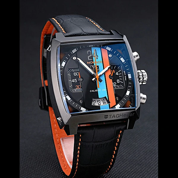 Tag Heuer Monaco Calibre 36 Blue And Orange Stripes Dial Black Leather Strap new60198