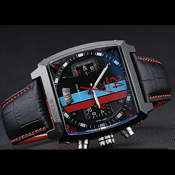 Tag Heuer Monaco Calibre 36 Blue And Red Dial Stripes Dial Black Leather Strap new60168