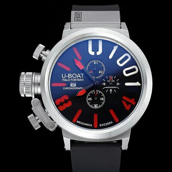 U Boat 1001 Red On Black Dial Stainless Steel Case Rubber Bracelet new60638
