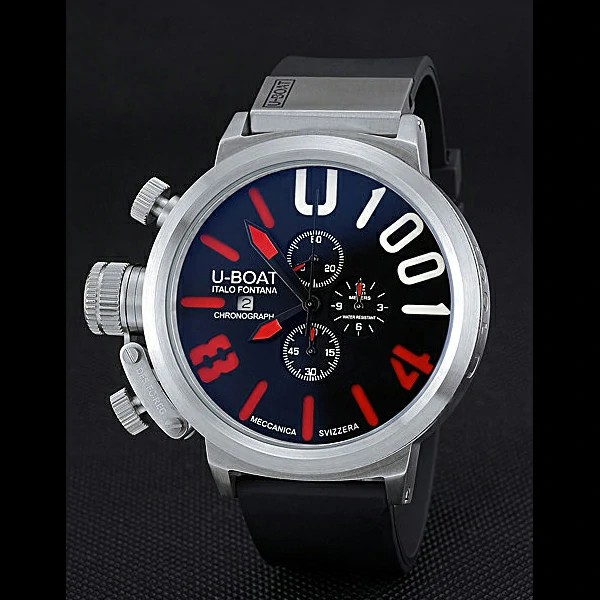 U Boat 1001 Red On Black Dial Stainless Steel Case Rubber Bracelet new60638