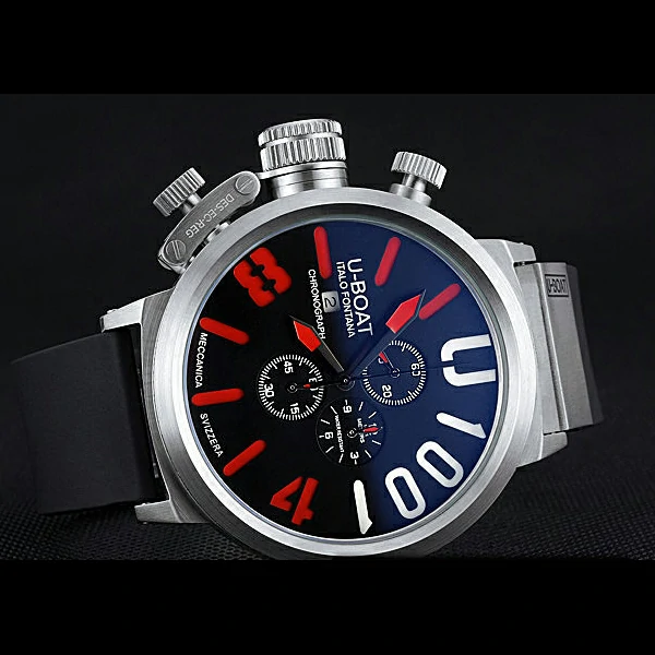 U Boat 1001 Red On Black Dial Stainless Steel Case Rubber Bracelet new60638
