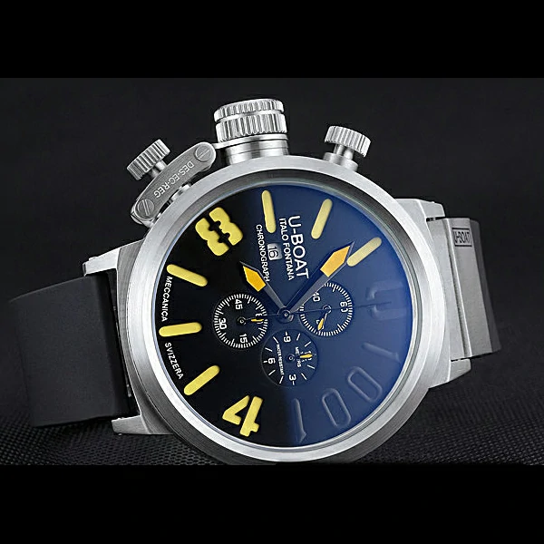 U Boat 1001 Yellow On Black Dial Stainless Steel Case Rubber Bracelet new60637