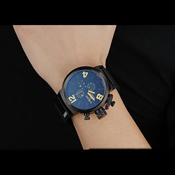U Boat Classico Yellow On Black Dial Black Steel Case Rubber Bracelet new60640