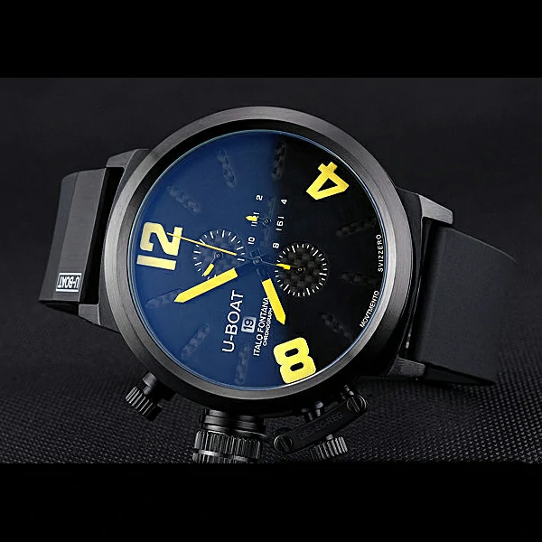 U Boat Classico Yellow On Black Dial Black Steel Case Rubber Bracelet new60640