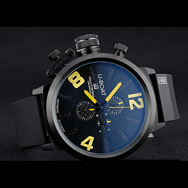 U Boat Classico Yellow On Black Dial Black Steel Case Rubber Bracelet new60640