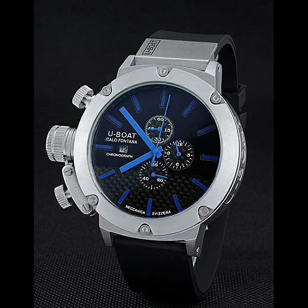 U Boat Italo Fontana Black Carbon Dial Blue Hour Marks Stainless Steel Case Rubber Bracelet new60634