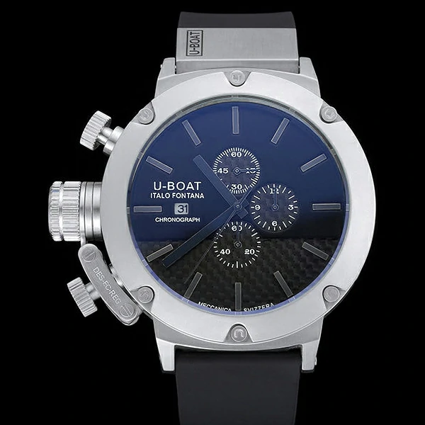 U Boat Italo Fontana Black Carbon Dial Grey Hour Marks Stainless Steel Case Rubber Bracelet new60633