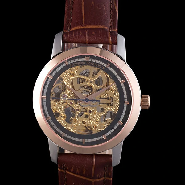 Vacheron Constantin Black Skeleton Watch with Rose Gold Bezel and Brown Leather Strap new59630