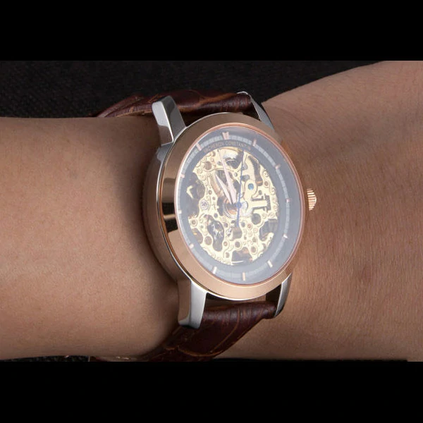Vacheron Constantin Black Skeleton Watch with Rose Gold Bezel and Brown Leather Strap new59630