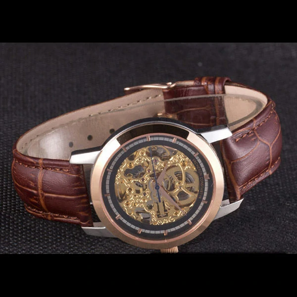 Vacheron Constantin Black Skeleton Watch with Rose Gold Bezel and Brown Leather Strap new59630