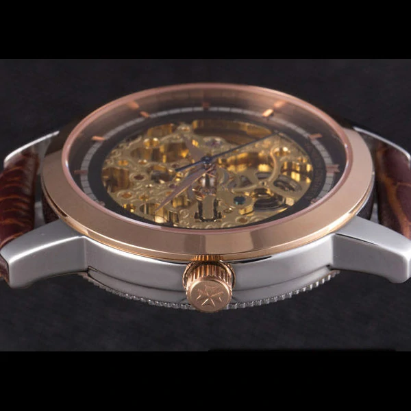 Vacheron Constantin Black Skeleton Watch with Rose Gold Bezel and Brown Leather Strap new59630
