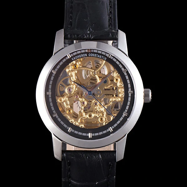 Vacheron Constantin Black Skeleton Watch With Silver Bezel and Black Leather Strap new59632