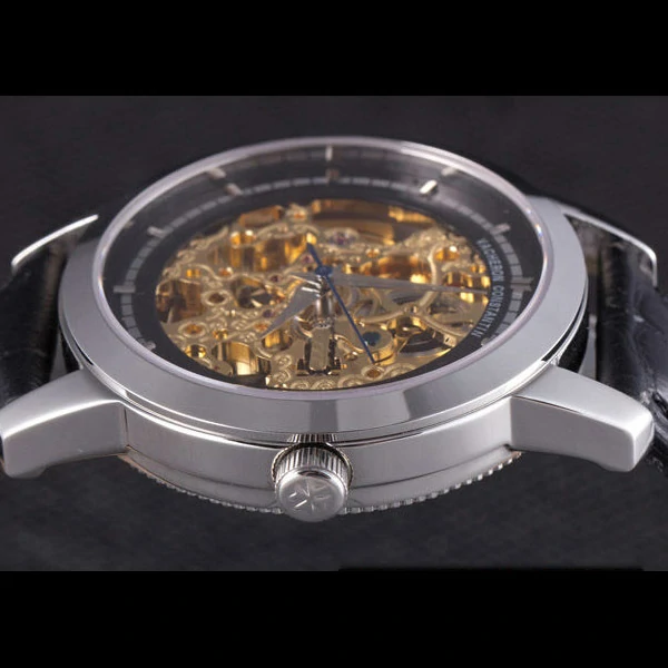 Vacheron Constantin Black Skeleton Watch With Silver Bezel and Black Leather Strap new59632