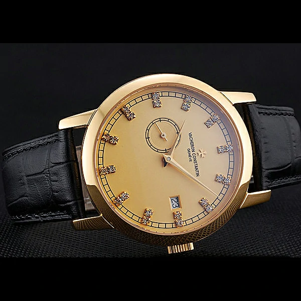 Vacheron Constantin Patrimony Contemporaine Gold Case Gold Diamond Dial Black Leather new60607