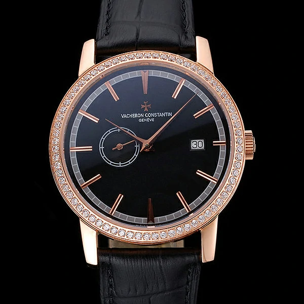 Vacheron Constantin Patrimony Contemporaine Gold Diamond Case Black Dial Black Leather new60612