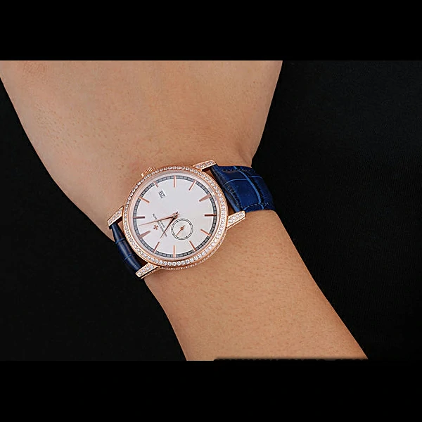 Vacheron Constantin Patrimony Contemporaine Gold Diamond Case White Dial Blue Leather new60613