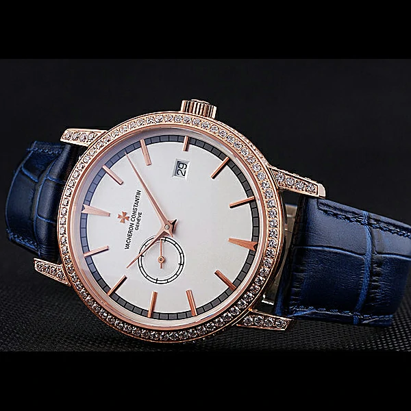 Vacheron Constantin Patrimony Contemporaine Gold Diamond Case White Dial Blue Leather new60613
