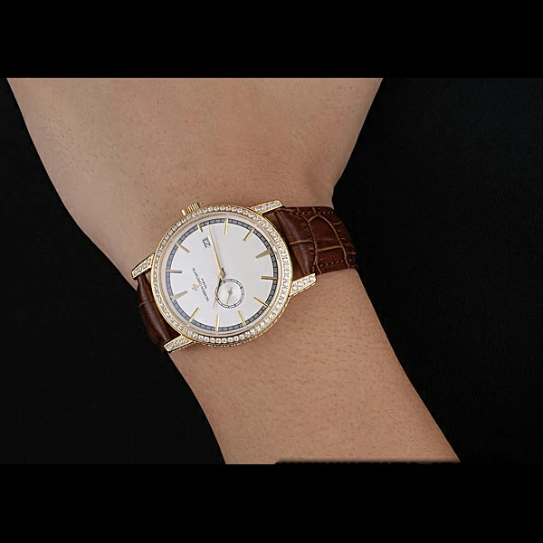 Vacheron Constantin Patrimony Contemporaine Gold Diamond Case White Dial Brown Leather new60611