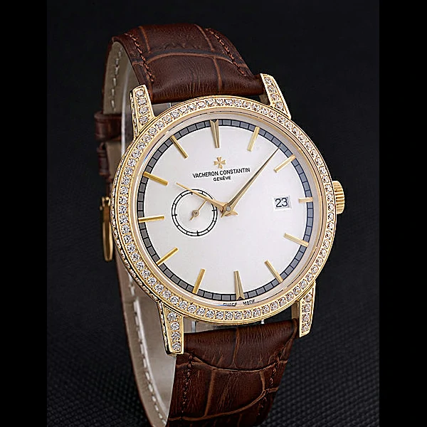 Vacheron Constantin Patrimony Contemporaine Gold Diamond Case White Dial Brown Leather new60611