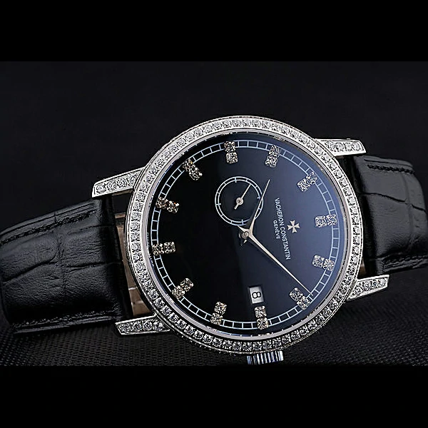 Vacheron Constantin Patrimony Contemporaine Steel Diamond Case Black Dial Black Leather new60610