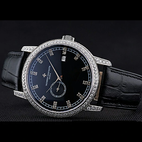 Vacheron Constantin Patrimony Contemporaine Steel Diamond Case Black Dial Black Leather new60610