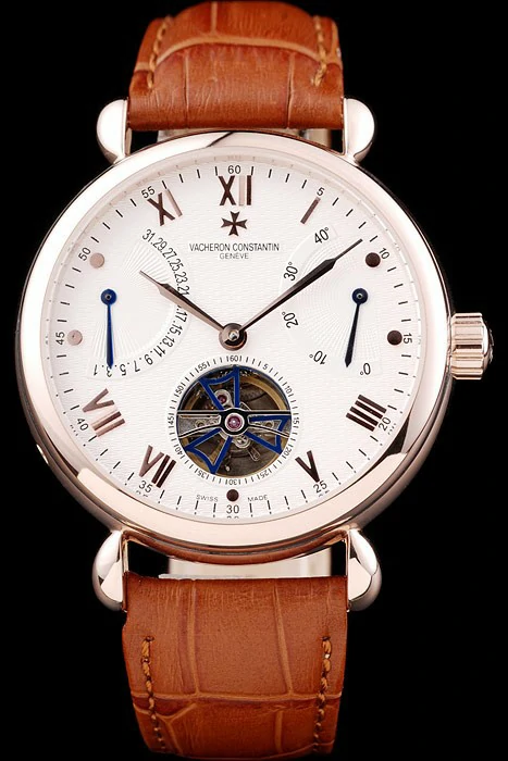 Vacheron Constantin Tourbillion White Dial Rose Gold Case Brown Leather Bracelet new74672