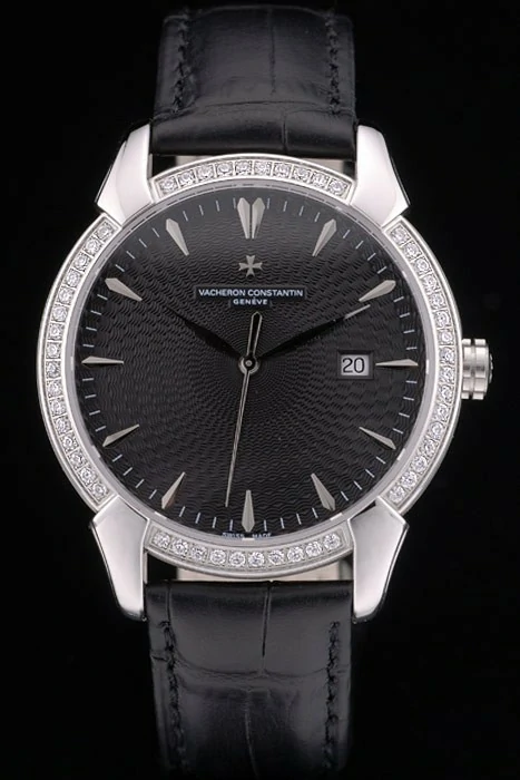 Vacheron Constantin Traditionnelle Black Dial Stainless Steel Diamond Case Black Leather Bracelet new105422