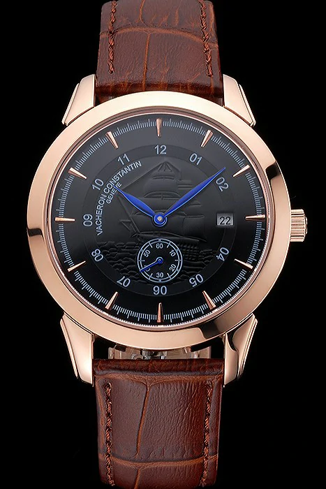 Vacheron Constantin Traditionnelle Black Ship Dial Rose Gold Case Brown Leather Strap new121429