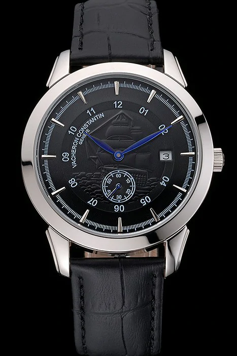 Vacheron Constantin Traditionnelle Black Ship Dial Stainless Steel Case Black Leather Strap new121427