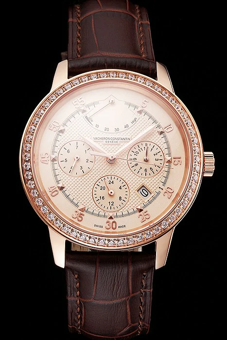 Vacheron Constantin Traditionnelle Power Reserve Rose Gold Dial And Case Diamond Bezel Brown Leather Strap new122013