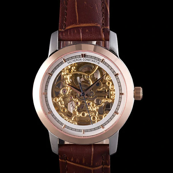 Vacheron Constantin White Skeleton Watch with Rose Gold Bezel and Brown Leather Strap new59629