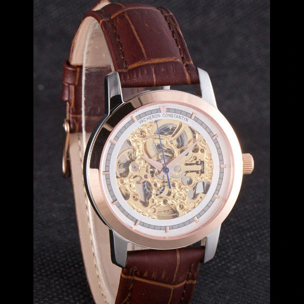 Vacheron Constantin White Skeleton Watch with Rose Gold Bezel and Brown Leather Strap new59629
