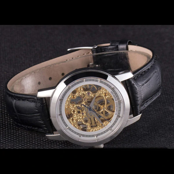 Vacheron Constantin White Skeleton Watch with Rose Silver Bezel and Black Leather Strap new59631