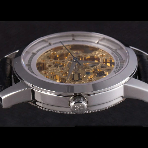 Vacheron Constantin White Skeleton Watch with Rose Silver Bezel and Black Leather Strap new59631